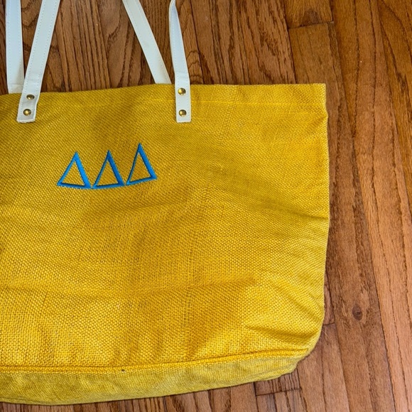 Mud Pie Oversize Jute Tote Shopping Bag Delta Delta Delta blue and yellow - Picture 2 of 7